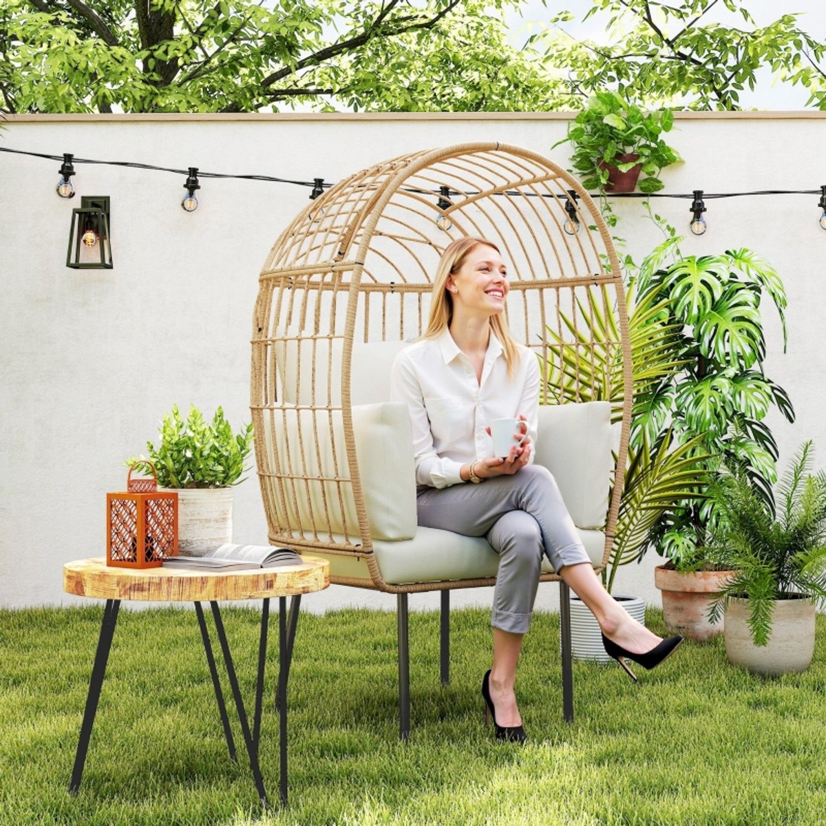 STILVORA Tuinstoel 95 X 80 X 155 Cm - Eivormige Loungestoel Met Afneembare Kussens - Voor Balkon Terras Veranda - Rattan - Beige