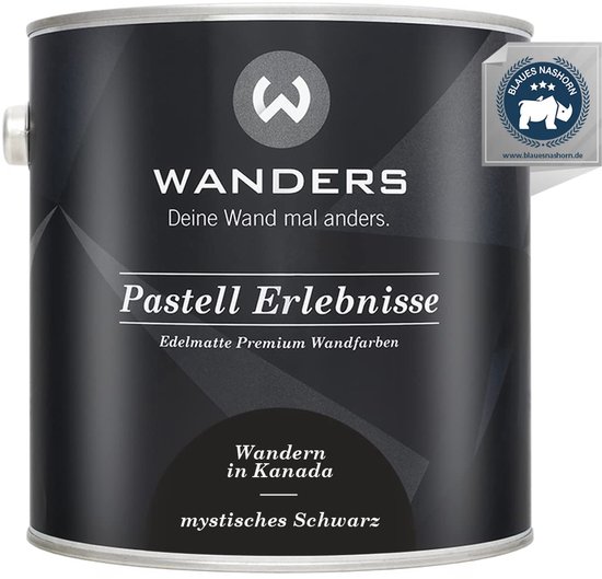 Blik 'Wanders Pastell Erlebnisse' muurverf, kleur 'mystisches Schwarz', met logo en keurmerk 'Blaues Nashorn'.