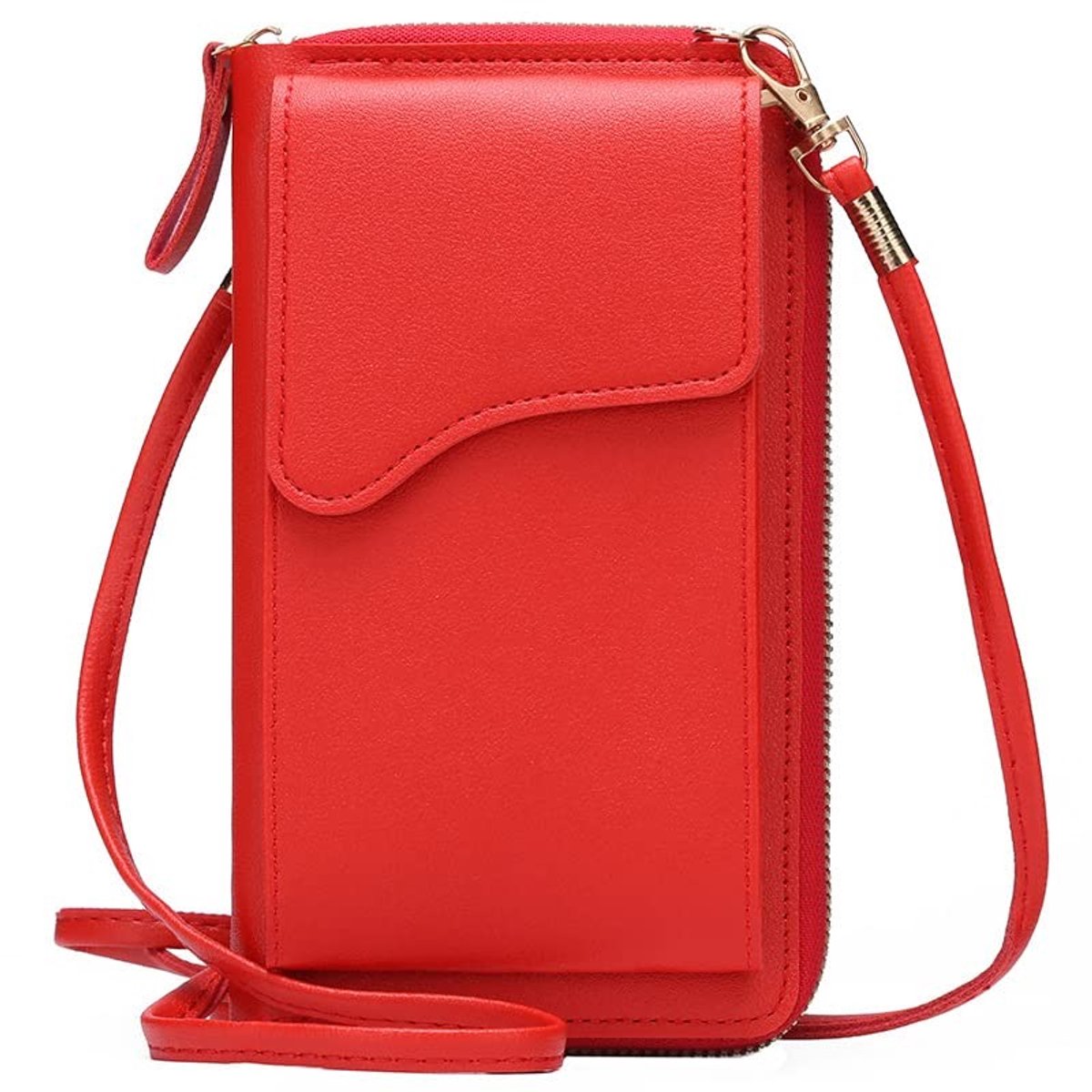 Dames Lederen Telefoon Crossbody Tas met Verstelbare Schouderriem en 4 Kaartvakken - Rood