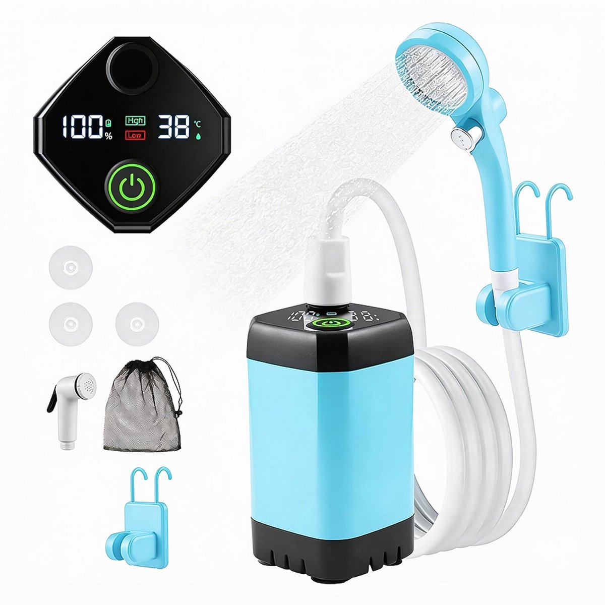 Draagbare Camping Douche - Buitendouche - Tuindouche - 6000mAh Accu - Digitale Temperatuurweergave - 3 Waterstanden - Inclusief Opbergtas - Blauw thumbnail 2