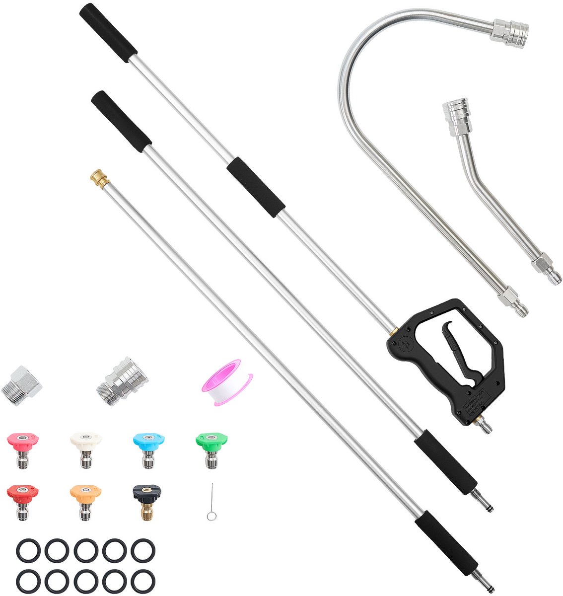 VEVOR Telescopische Steel voor Hogedrukreinigers 2775 mm 3-Delig, Verlengstelen voor Hogedrukreinigers 276 Bar, Incl. 7 Sproeiers, Slangadapter, Draagriem en Opbergtas, voor Muren en Goten