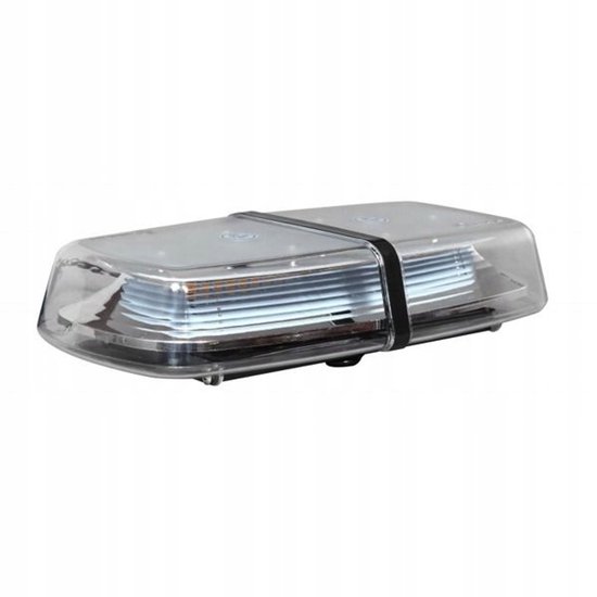 Transparante LED waarschuwingslamp met zwarte band, op een witte achtergrond.