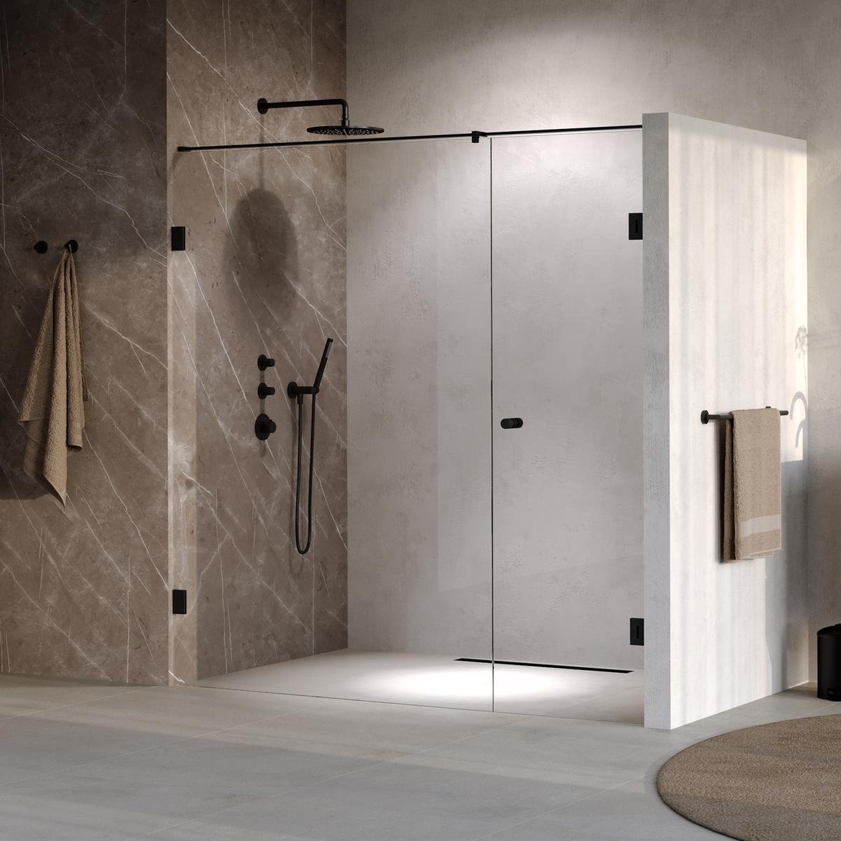 Brauer Void - Carving Nisdeur - 2-Delig - Helder Glas - 200 x 200 cm - Omkeerbaar - met Draaideur 70 cm - Aan Muur - incl. Glascoating - Mat Zwart
