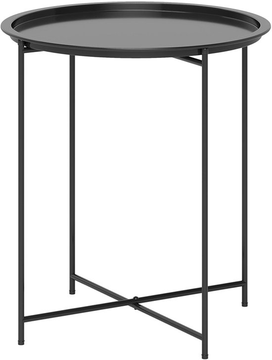 Pugsdrly Tuintafel, ronde buitenbijzettafel van staal met uitneembaar dienblad, opvouwbaar ontwerp, terrastafel, zwart