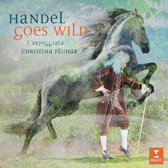 Een persoon met blauwe pruik en bruine kleding, naast een wilde paardenillustratie.