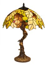 Lampe de table Tiffany feuilles - Vert-jaune-brun - Ø 42 cm - Vitrail - Lumière chaude - Motif nature - Tons automnaux | RORUVERA