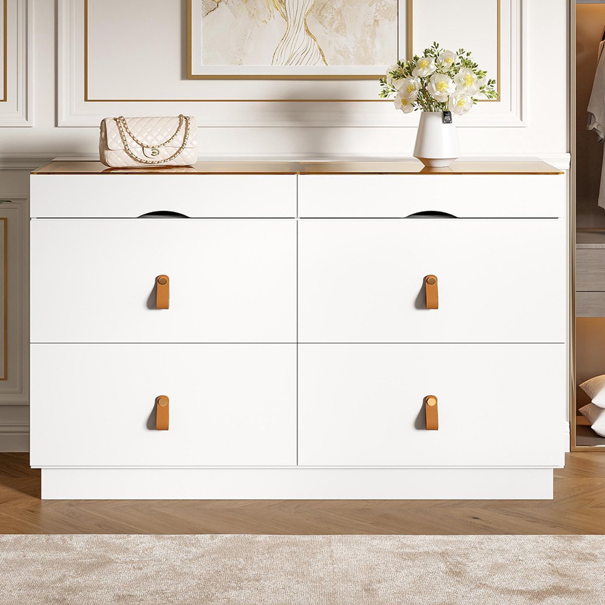 BLACKCOLORS Buffetkast van gehard veiligheidsglas, ladekast met 6 lades, kaptafel, indeling, kantelbeveiliging, hoge kast voor de slaapkamer en alle woonruimtes, B120 x D40 x H78 cm, wit
