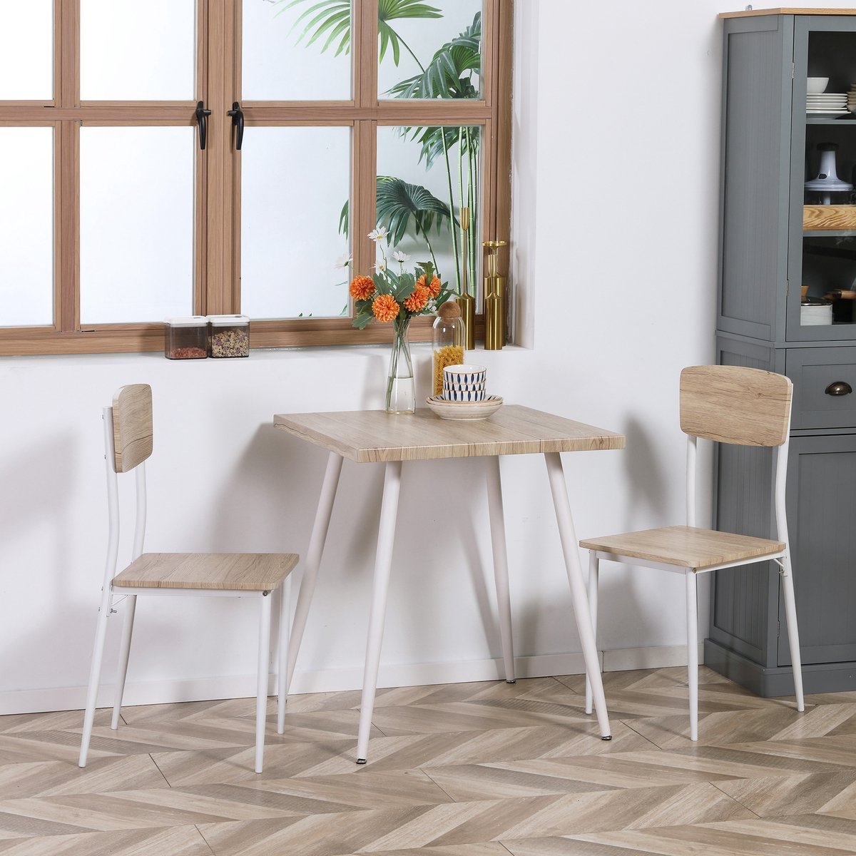 REDOM - 3-Delige Eethoek - Landelijke Stijl - Voor Keuken - MDF En Staal - Naturel - Tafel 70 x 70 x 76 cm