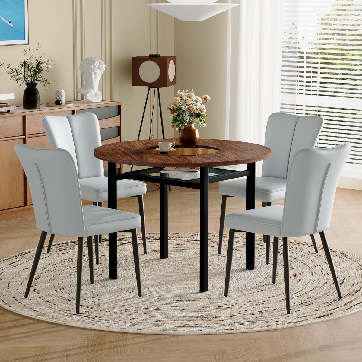 REDOM Ronde Eethoekset - Met 4 Stoelen - Minimalistisch - Voor Eetkamer Of Keuken - MDF, Glas, Metaal En PU - Bruin, Zwart, Lichtgrijs Bruin+Zwart+Lichtgrijs