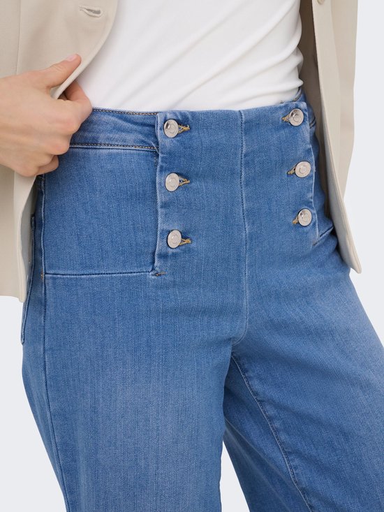 Blauw denim, wijde pijpen jeans met hoge taille en dubbele knoopsluiting.