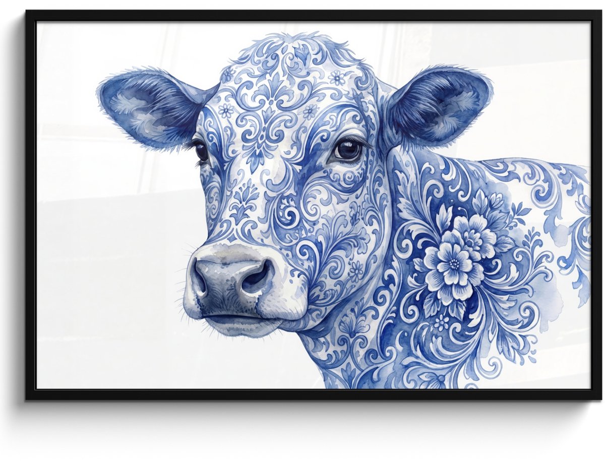 FrameYourWall Poster in lijst - Fotolijst 120x80 cm - Posters - Illustratie - Koe - Blauw - Posterlijst zwart - Decoratie - Wanddecoratie woonkamer - Muurdecoratie slaapkamer