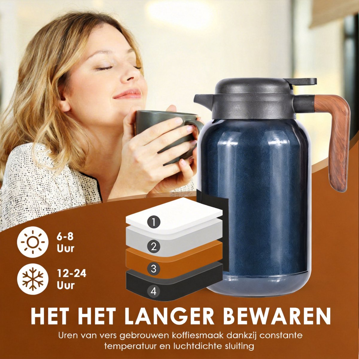 Dreamhigh® Thermoskan 2 Liter - Thermoskan voor Koffie - 100% Lekvrije Thermoskan - Roestvrij Staal - Warme en Koude Dranken - voor Thee - Melk en Koffie — cadeau in Koken & Dineren - foto 2