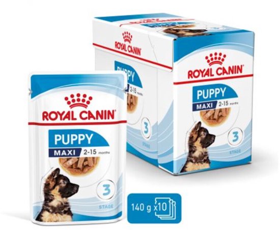 Verpakking van Royal Canin Maxi Puppy natvoer in saus, 10x 140g.
