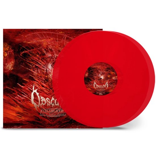 Een knalrode vinylplaat met het album artwork van Obscura 'A Celebration I - Live in North America' ernaast.