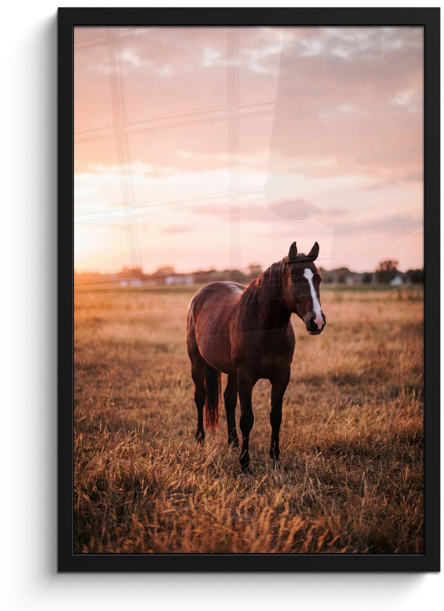 FrameYourWall Poster in lijst - Fotolijst 40x60 cm - Posters - Paard - Zonsondergang - Bruin - Posterlijst zwart - Decoratie - Wanddecoratie woonkamer - Muurdecoratie slaapkamer Multicolor