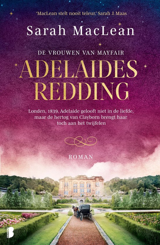 Boekomslag met tekst 'Adelaides Redding' van Sarah MacLean in gele letters op een paarsroze achtergrond met een landhuis op de achtergrond.
