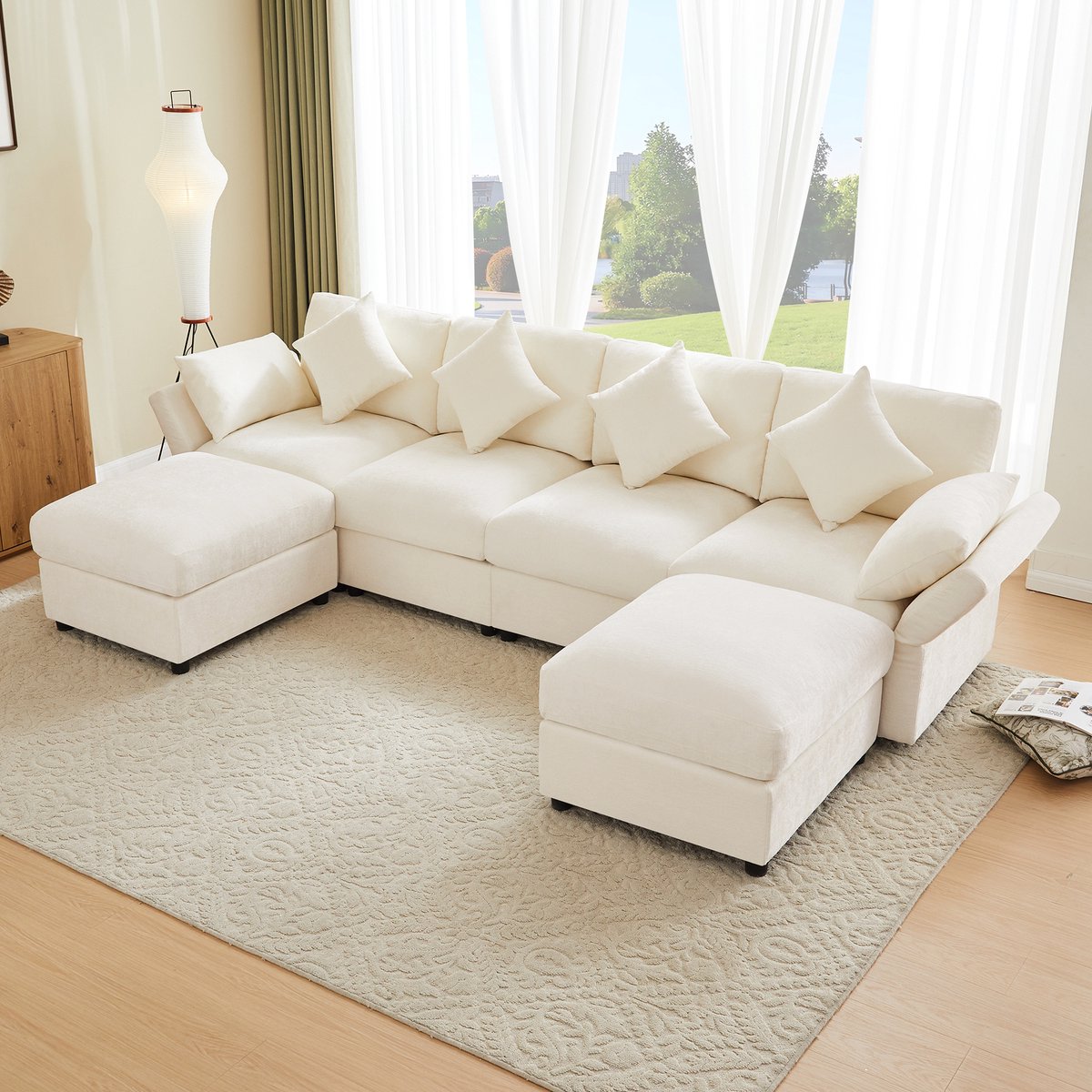 Modulaire U-Vormige Chenille Bank met 2 Krukken, L-Bank, 4-Zitsbank, Converteerbare Hoekbank met Verstelbare Armleuningen, Cloud-bankontwerp, Inclusief 4 Sierkussens en 2 Hoofdsteunen, Chenille-stof - Beige