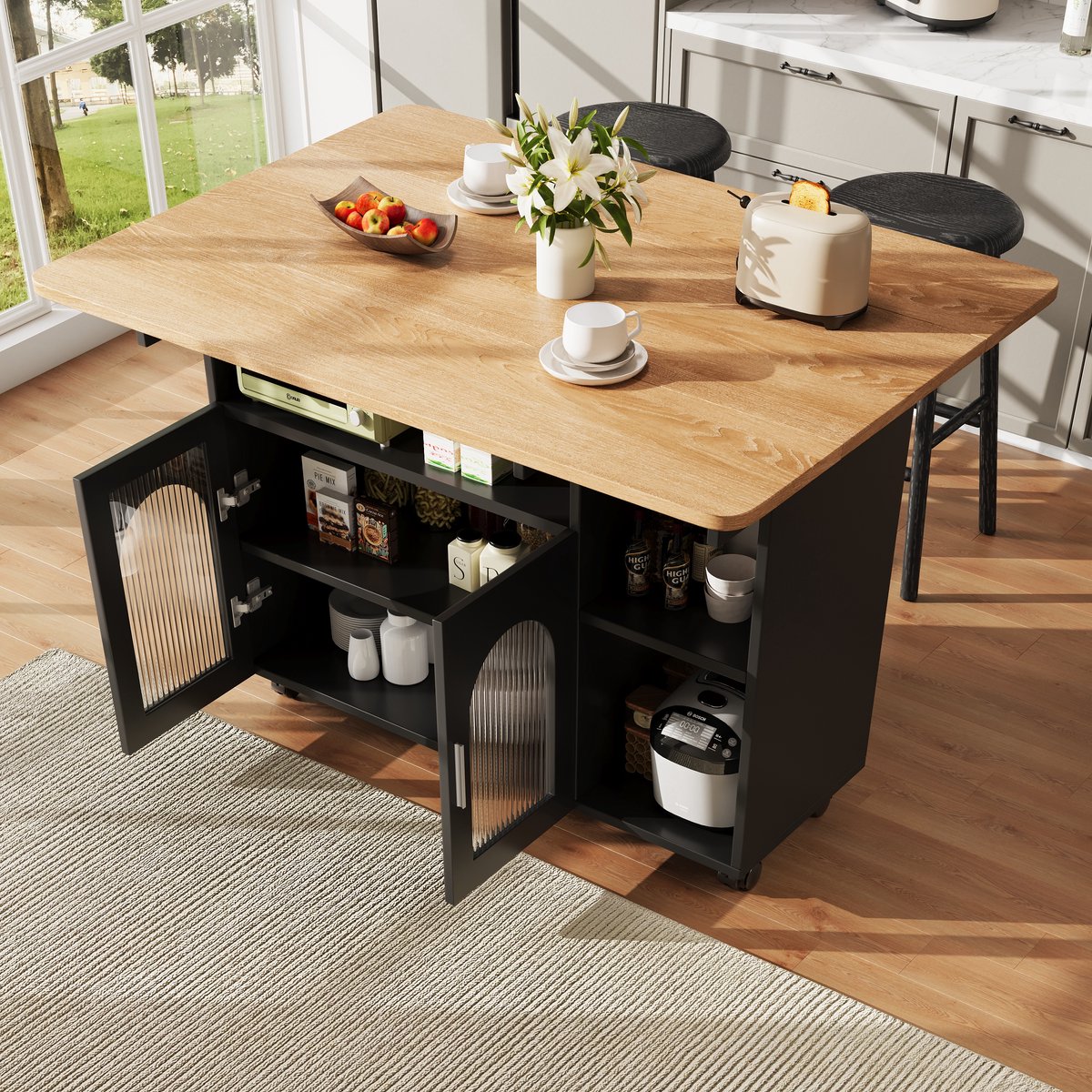 Wishdor Keukeneiland - Uitklapbaar Tafelblad En Opbergruimte - Modern - Voor Keuken - MDF En Glas - Zwart En Naturel - 120 X 30/70 X 79,5 Cm Zwart+Natuurlijk
