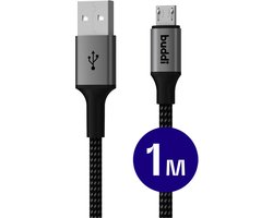 Buddi Flex | USB-A naar Micro-USB Kabel 12W Fast Charge 5V/2.4A | 480Mbps Dataoverdracht | Gevlochten Nylon | 1M | 1 Meter | Zwart