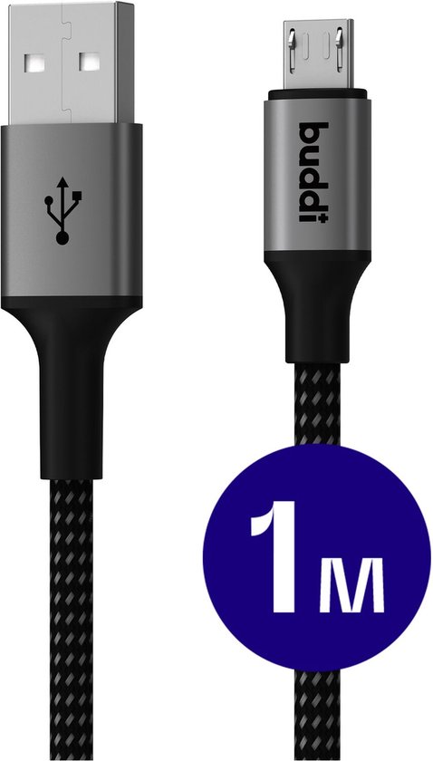Buddi Flex | Câble USB-A vers Micro-USB 12 W, charge Fast 5 V/2,4 A | Transfert de données 480 Mbps | Nylon tressé | 1 M | 1 mètre | Noir