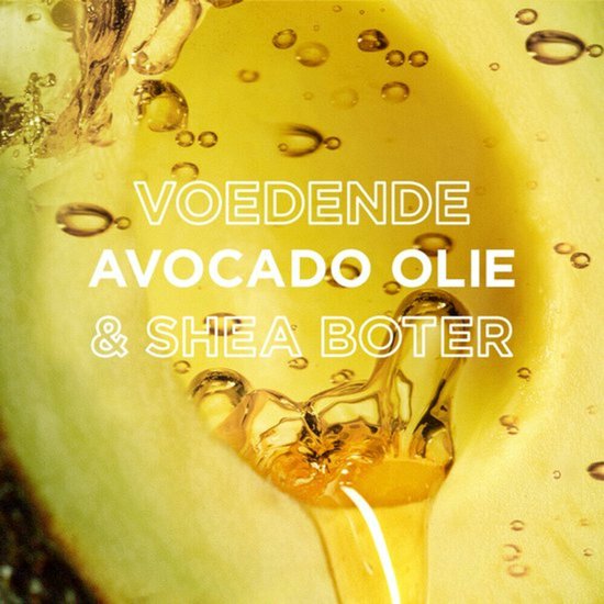 Close-up van avocado met druppels olie en tekst "VOEDENDE AVOCADO OLIE & SHEA BOTER".