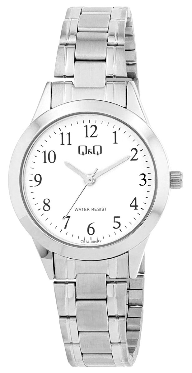 QQ C01A-004PY - Horloge - Analoog - Vrouwen - Dames - Stalen band - Ovaal - Metaal - Cijfers - Zilverkleurig - Wit