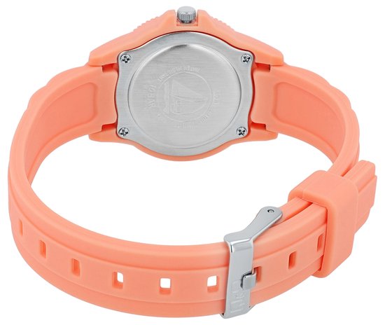 Onderkant oranje plastic horloge met zilverkleurige deksel en gesp, met vermelding '10 BAR'.