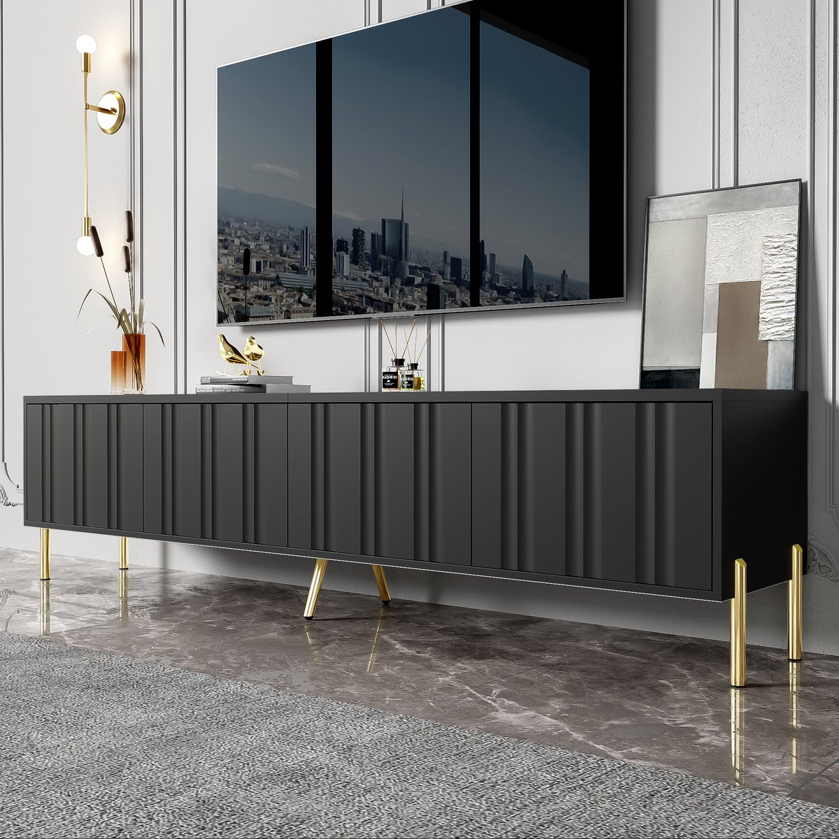 OKWISH Tv Meubel - 190x38x48 Cm - 4 Deuren 8 Vakken - Veel Opbergruimte Voor Woonkamer - Mdf En Spaanplaat Zwart