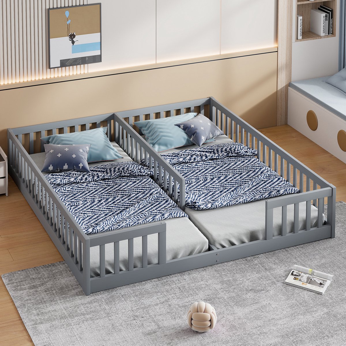 MODFU Kinderbedframe 2x 90x200 cm – grenenhout en MDF grijs – met veiligheidshekje – laag 
