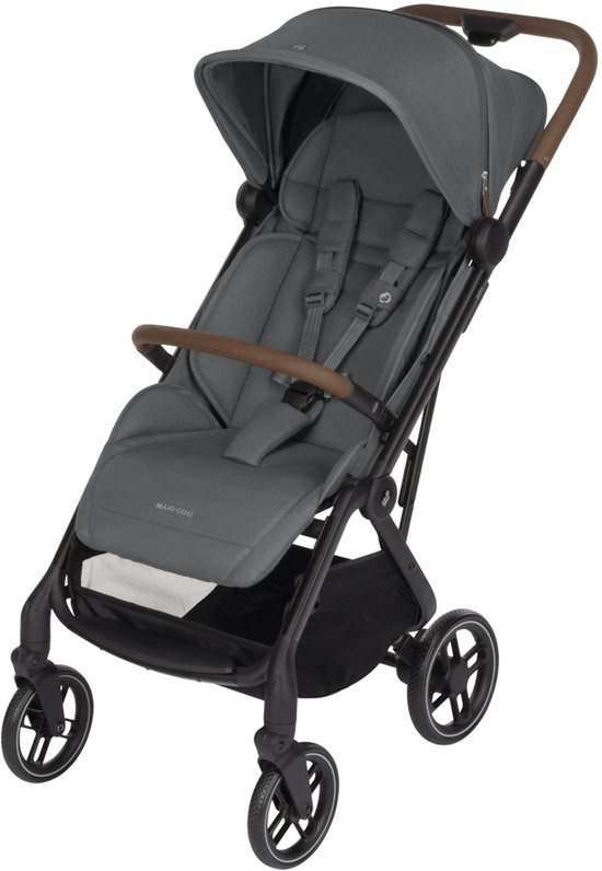 Grijze Maxi-Cosi kinderwagen met bruine handvatten, profiel rechts.