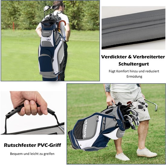 COSTWAY Golftas, Lichtgewicht en Draagbare Golfkar Tas met 14 Manieren Volledige-Lengte Top Verdelers, 7 Zakken met Ritssluiting, Regenkap, Schouderriem, PVC Handvat, Paraplu Houder (Navy + Grijs) van Merkloos — afbeelding 3