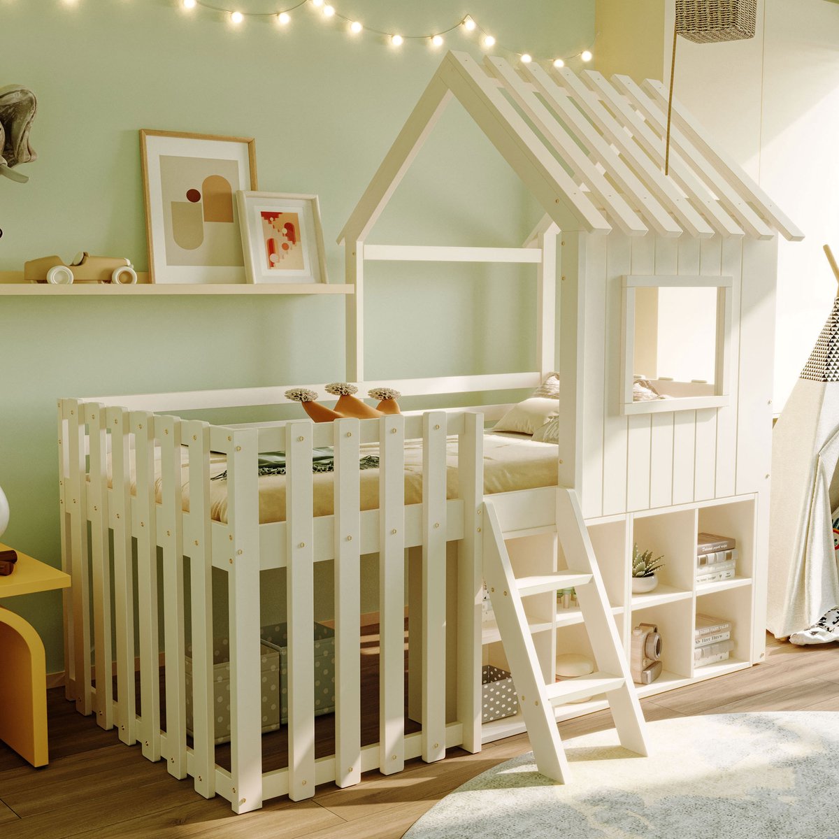 Wishdor Kinderhoogslaper 90x200 cm – Speelhuisframe Met Dak & Ramen – Wit Massief Hout – Incl. Opbergruimte & Klimladder