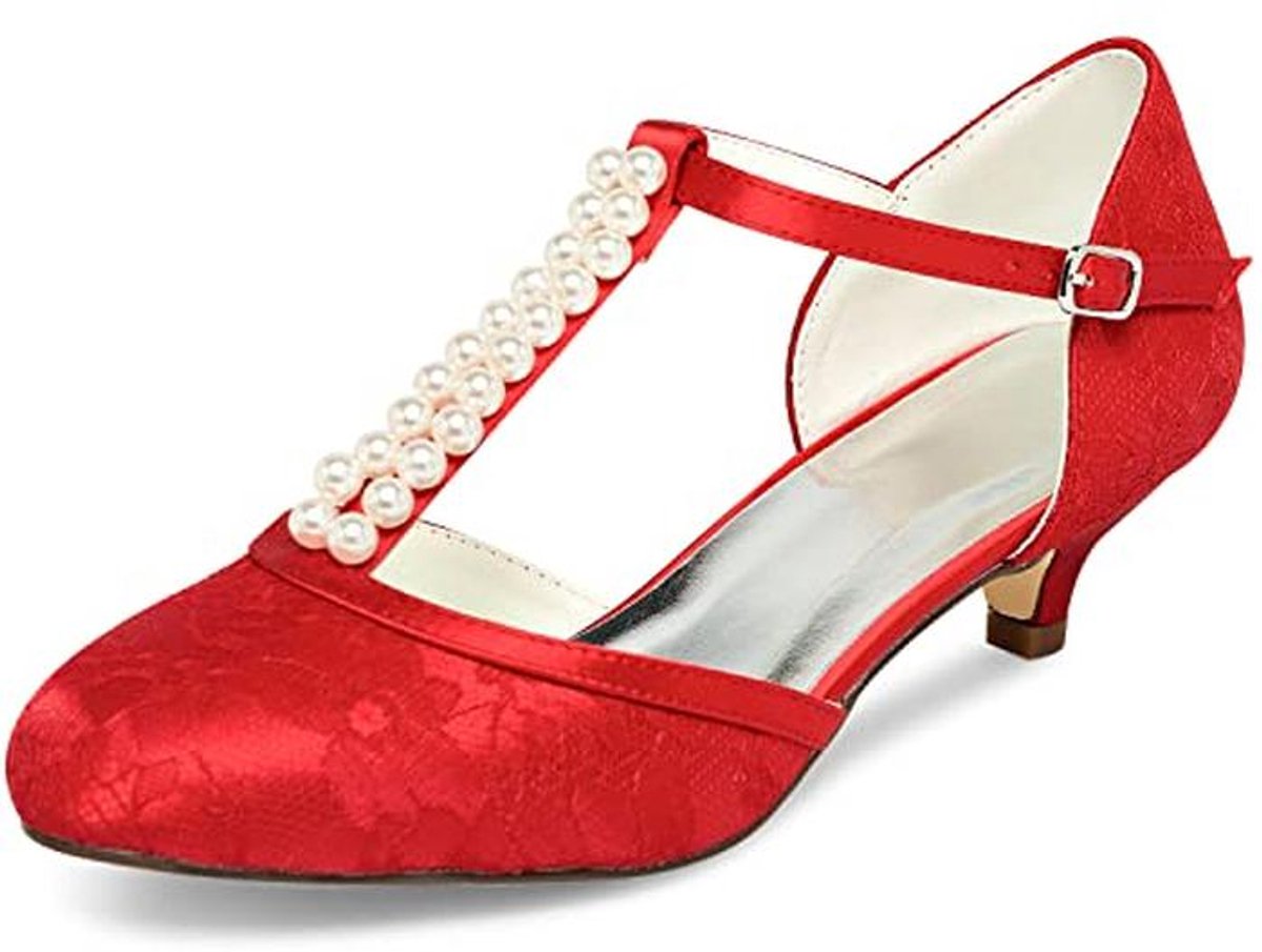 Bruidschoenen voor Vrouwen - Gesloten Teen T-riem Met Lage Hak en Kant