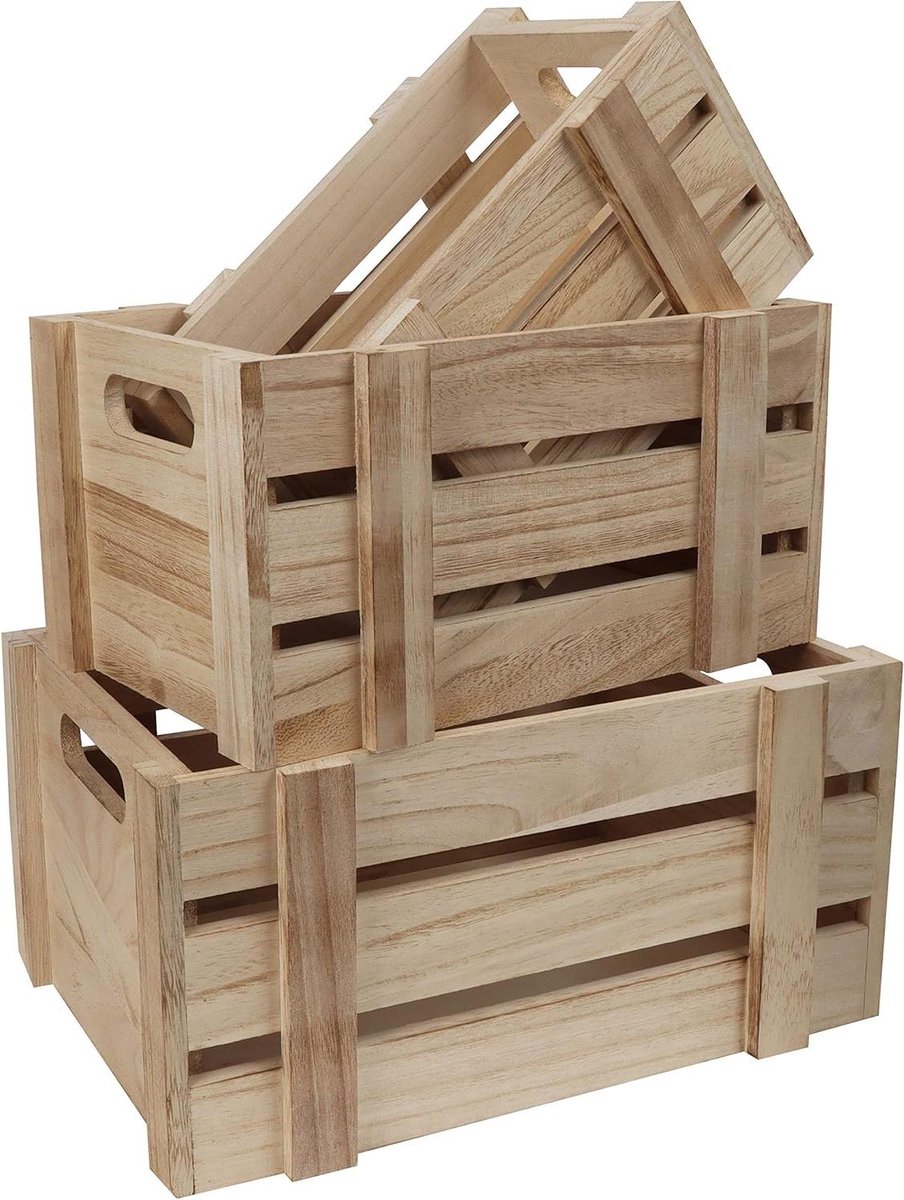 Set van 3 Opslag Kratten met Handvatten - Rustiek Decoratieve Houten Krat - Natuurlijk Huis Mand Display Doos