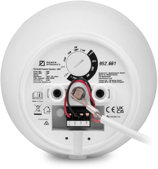 Power Dynamics Purity4W - Premium 2-weg hangluidspreker - Pendel speaker 100V - 4 Inch - Wit — afbeelding 3