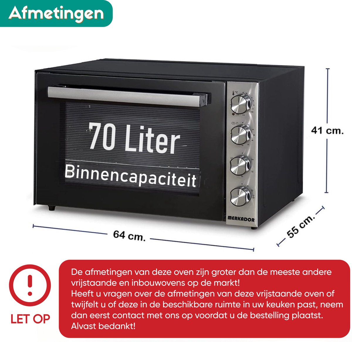 Merkador XXL Vrijstaande Oven - 70 Liter - 2000 Watt - Hetelucht - Draaispit - RVS Afwerking - Gemakkelijk te Reinigen Granieten Binnencoating – foto 6
