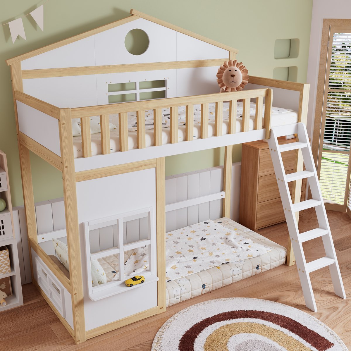 MIVRAY Stapelbed 90x200 Cm - Kinderbed Met Trap En Uitvalbeveiliging - Met Dak En Ramen - Massief Hout En MDF - Wit Naturel - Zonder Matras