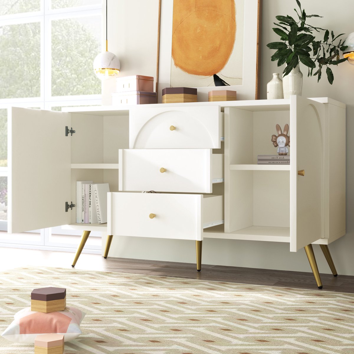 MIVRAY Dressoir - 2 Deuren En 3 Lades Met Verstelbare Legplank - Opbergruimte Voor Woonkamer En Slaapkamer - Hout Metaal - 140x40x84 Cm Wit