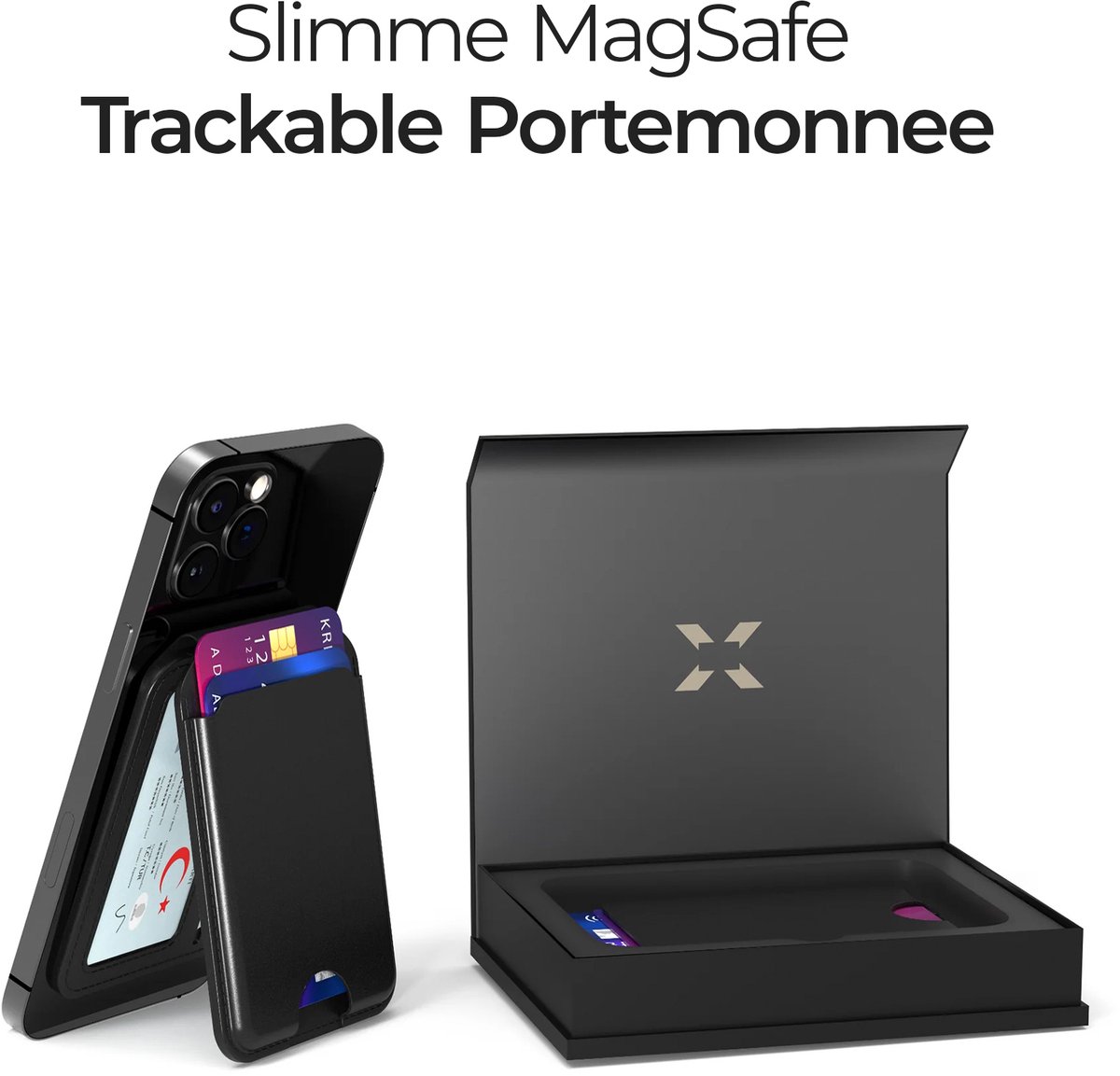 Xenon Smart X6608 MagSafe Wallet - Geschikt voor Apple Find My (Zoek Mijn) - Magnetische Pasjeshouder voor iPhone - RFID Blokkerend - Draadloos Opladen - Met Standfunctie - Zwart