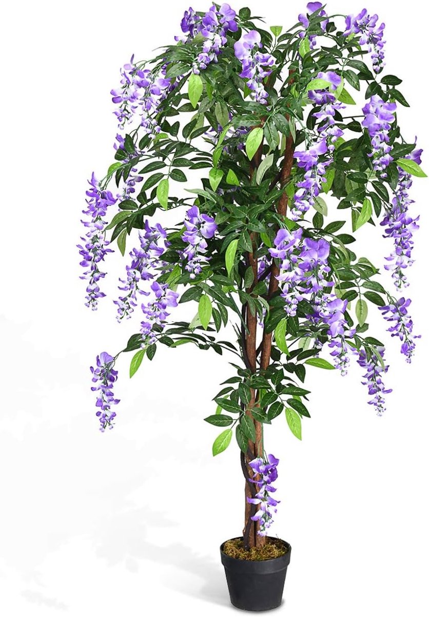 KOMFOTTEU 150 cm hoog Kunstplant Wisteria boom, kunstboom met bloemen, kunstplanten in pot, kamerplant, kunstmeerkeuze, decoratieve plant voor binnen en buiten