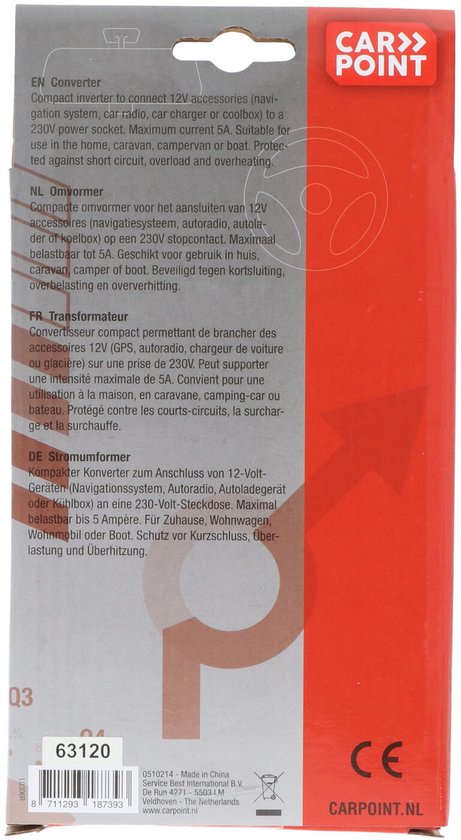 Verpakking met Carpoint omvormer, met tekst in EN, NL, FR, DE. 63120.