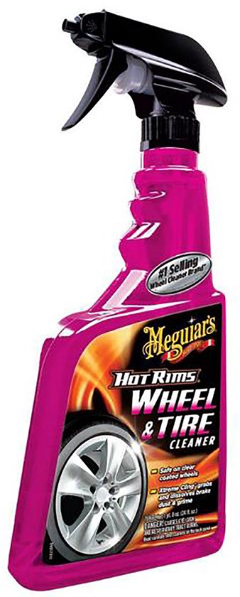 Roze spuitfles Meguiar's "Hot Rims Wheel & Tire Cleaner" met "#1 Selling" en afbeelding van velg.