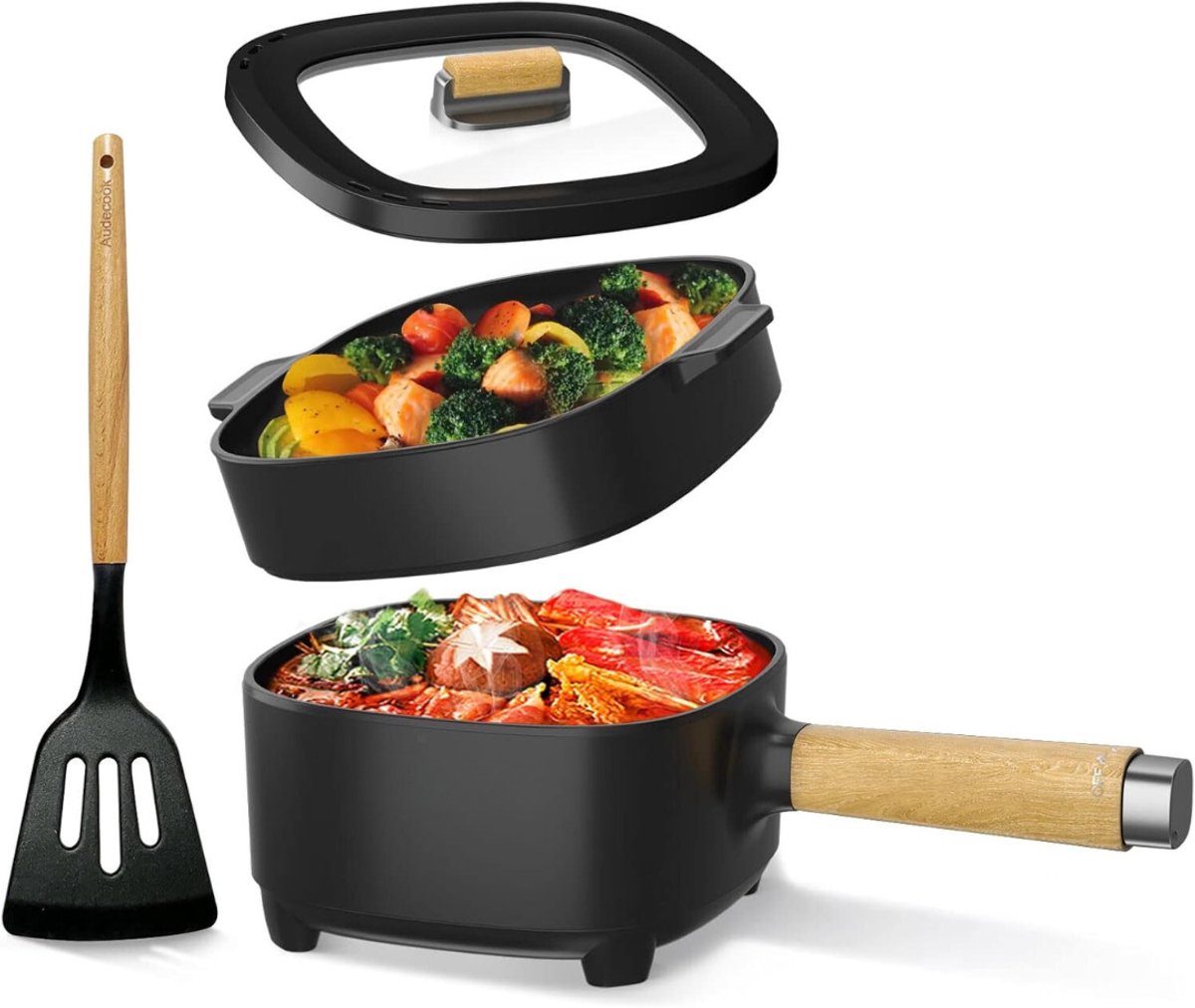 Aurixi® Hotpot Electrisch – Kaasfondue Pan Elektrische Multipan – Multifunctioneel 2L - Chinese Fondue 350/800Watt – Saute Pan – Friteuse – Hete Pan- Stomer – Langzame Kookplaat – Gemakkelijk Schoon te Maken - Zwart - 20cm x 24cm x 12cm