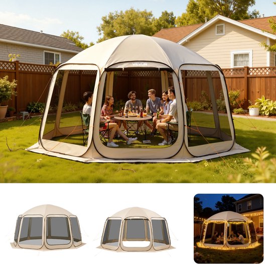 VEVOR Campingtent, 457,2 x 420,6 x 245 cm, feesttent voor 12-15 personen, pop-up tent, incl. draagtas, gaaswanden en haringen, voor tuin, terras en buitenactiviteiten, beige van Merkloos — afbeelding 5