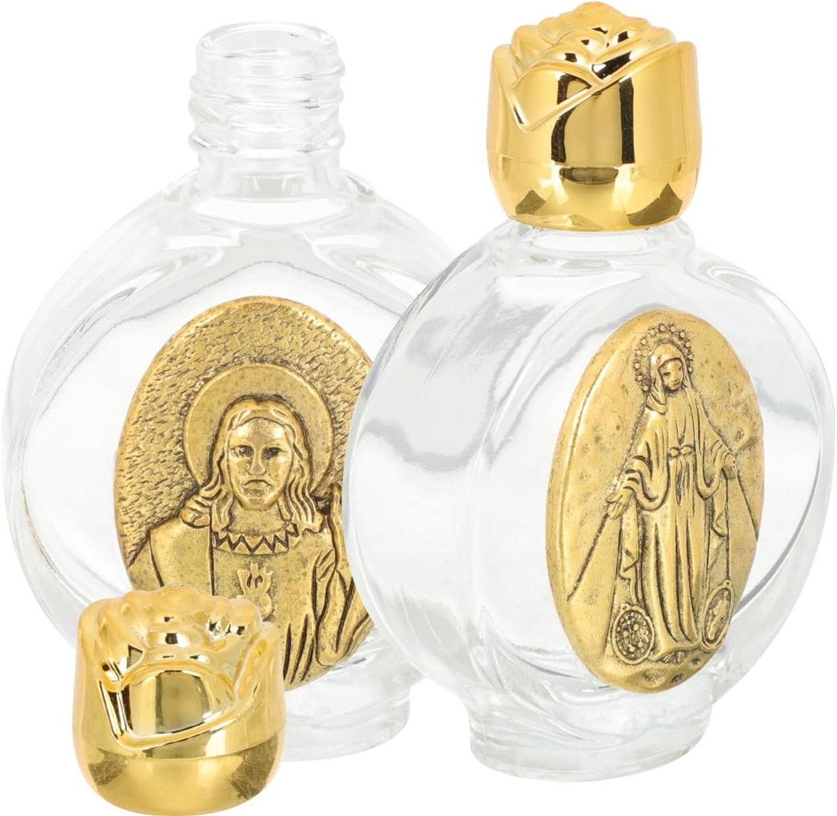 2 stuks glazen wijnfles met rozenmotief, navulbaar wijwater, lege religieuze paasoliefles - geschikt voor doopceremonie - goudkleurig