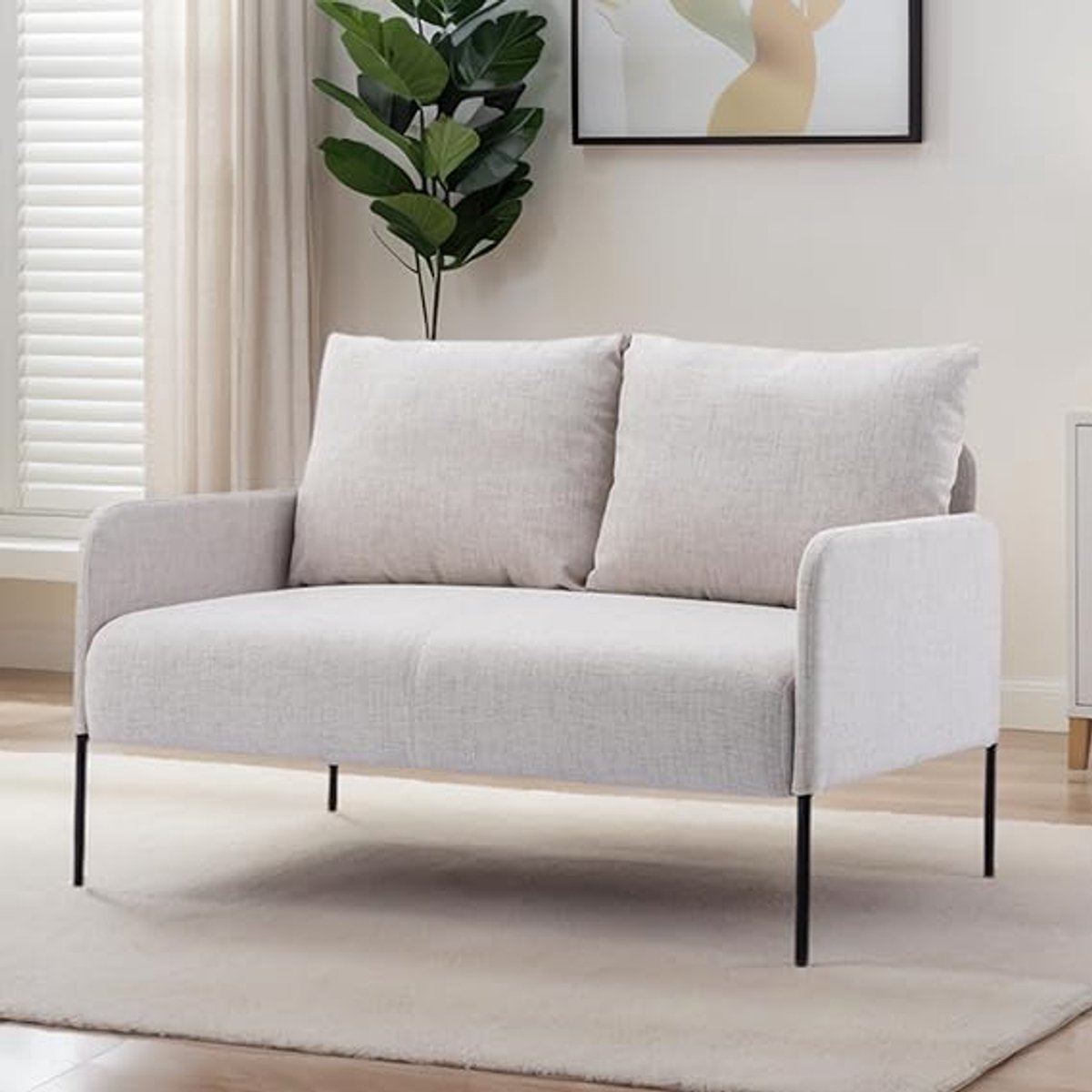 Luna Tweepersoonsbank – Moderne 2-zits Stoffen Bank met Armleuningen en 2 Sierkussens – Compacte Linnen Mini-bank voor Woonkamer, Kantoor of Wachtkamer – Beige House&Garden