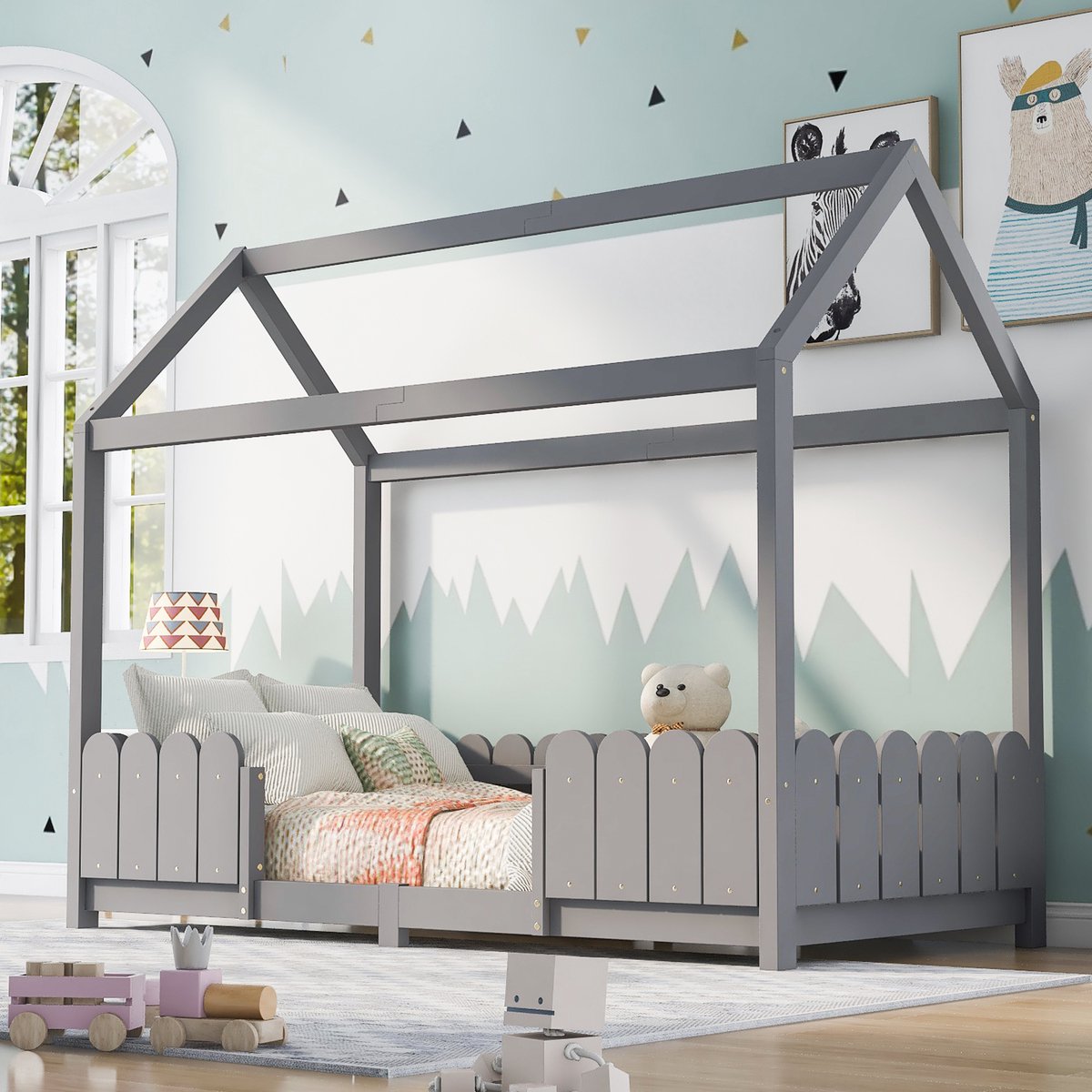 REDOM kinderbed 90x200 cm – Huisbed met dak en veiligheidshek – Grijs – Lage instap – 15 latten – 120 kg