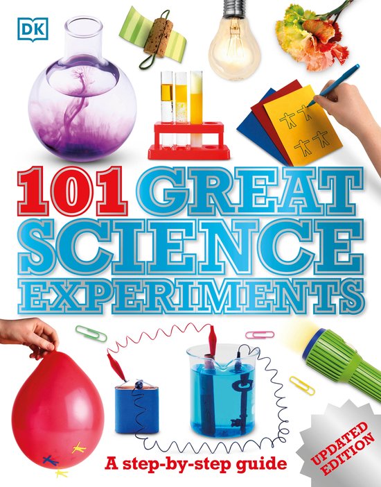 Livre '101 Great Science Experiments' avec images d'expériences, bougies, ballons et logo DK.