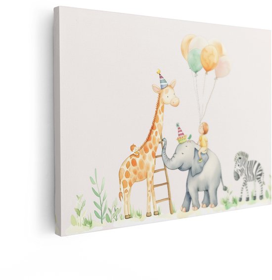 Artaza Canvas Schilderij Safari Dieren - 40x30 cm - Wanddecoratie Babykamer Zebra - Muurdecoratie Kinderkamer - Schilderijen Op Canvas Olifant