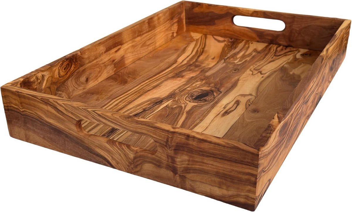 Handgemaakte Olijfhouten Serveerschaal Rechthoekig met 2 Handvatten - 47x32 cm